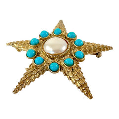 Vintage Starfish Faux Pearl & Turquoise Textured Gold Tone Brooch