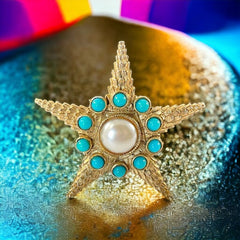 Vintage Starfish Faux Pearl & Turquoise Textured Gold Tone Brooch