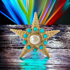 Vintage Starfish Faux Pearl & Turquoise Textured Gold Tone Brooch