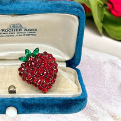 Vintage Red & Green Rhinestone Strawberry Brooch