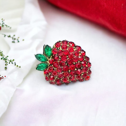 Vintage Red & Green Rhinestone Strawberry Brooch