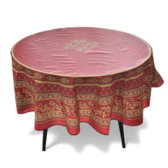 Round coated cotton tablecloth in deep red and golden yellow, featuring ornate Provençal floral and geometric patterns