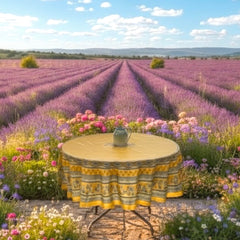 Round coated cotton tablecloth in sunny yellow and deep blue, featuring alternating Provençal floral and geometric bands