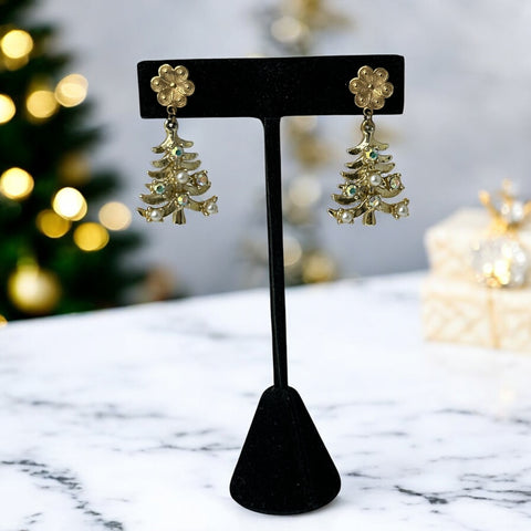 Vintage Tancer II Christmas tree earrings with faux pearls and AB rhinestones, gold-tone pierced dangle design, signed and festive.