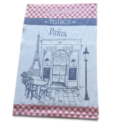 Light blue French tea towel with red gingham borders and a navy illustration of a Paris café and Eiffel Tower, by Coucke.