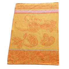 Yellow and orange French tea towel with woven lemon and citrus slice motifs and decorative borders, by Coucke.