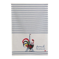 French tea towel with printed rooster and Eiffel Tower design, blue stripes, and 'French Cocorico' text on eco-friendly white fabric.