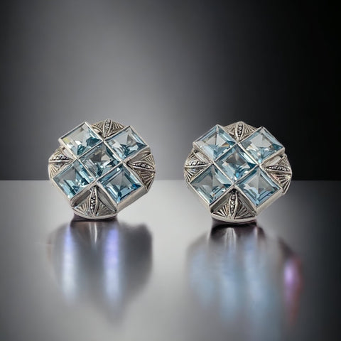 Vintage Theodor Fahrner Art Deco Style Blue Topaz & Marcasite Sterling Clip-on Earrings