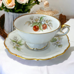 Vintage Tirchenreuth Bavaria Cherries Porcelain Footed Tea Cup & Saucer Set 1960s