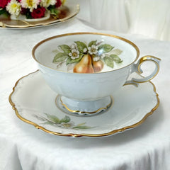 Vintage Tirchenreuth Bavaria Pear Porcelain Footed Tea Cup & Saucer Set 1960s