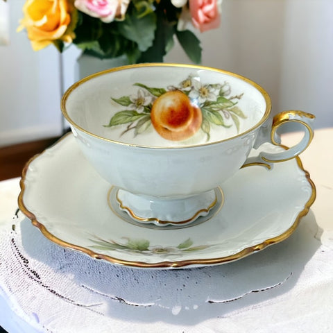 Vintage Tirchenreuth Bavaria Peach Porcelain Footed Tea Cup & Saucer Set 1960s