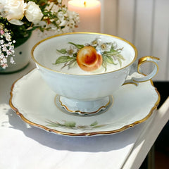 Vintage Tirchenreuth Bavaria Peach Porcelain Footed Tea Cup & Saucer Set 1960s