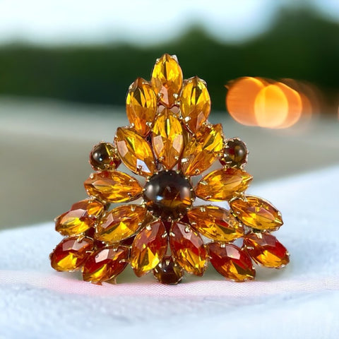 Vintage Topaz &amp; Brown Rhinestones Floral Triangle Brooch | Fabulous Fall Colors Jewelry | Gift for Her