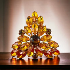 Vintage Topaz &amp; Brown Rhinestones Floral Triangle Brooch | Fabulous Fall Colors Jewelry | Gift for Her