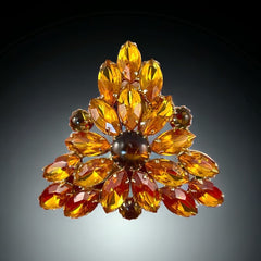 Vintage Topaz &amp; Brown Rhinestones Floral Triangle Brooch | Fabulous Fall Colors Jewelry | Gift for Her