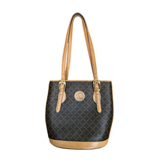 Preloved La Tour Eiffel Paris 1887 brown and tan leather shoulder bag with gold-tone hardware, adjustable handles, and signature logo detailing—elegant bucket silhouette.