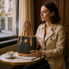 Preloved La Tour Eiffel Paris 1887 brown and tan leather shoulder bag with gold-tone hardware, adjustable handles, and signature logo detailing—elegant bucket silhouette.