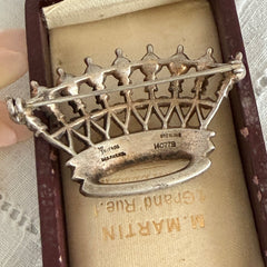 Vintage 1945 Trifari sterling crown brooch designed by Alfred Philippe, featuring restored AAA natural pearls, multicolor vintage rhinestones, and the original Trifari crown Sterling Pat. Pend 140779 markings, shown from various angles to display details, condition, and craftsmanship.
