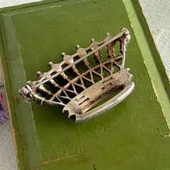 Vintage 1945 Trifari sterling crown brooch designed by Alfred Philippe, featuring restored AAA natural pearls, multicolor vintage rhinestones, and the original Trifari crown Sterling Pat. Pend 140779 markings, shown from various angles to display details, condition, and craftsmanship.