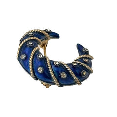 Vintage Trifari Crown Blue Enamel Clear Rhinestones Moon Crescent Small Brooch | 1960s Celestial Gold Tone Pin | Designer Jewelry Gift Idea