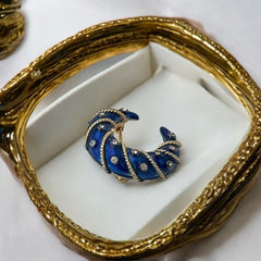 Vintage Trifari Crown Blue Enamel Clear Rhinestones Moon Crescent Small Brooch | 1960s Celestial Gold Tone Pin | Designer Jewelry Gift Idea