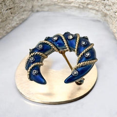 Vintage Trifari Crown Blue Enamel Clear Rhinestones Moon Crescent Small Brooch | 1960s Celestial Gold Tone Pin | Designer Jewelry Gift Idea