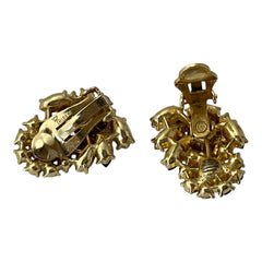 Vintage 1950s Trifari Crown clip‑on earrings with AB topaz rhinestones and gold‑tone floral design