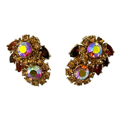 Vintage 1950s Trifari Crown clip‑on earrings with AB topaz rhinestones and gold‑tone floral design