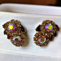 Vintage 1950s Trifari Crown clip‑on earrings with AB topaz rhinestones and gold‑tone floral design