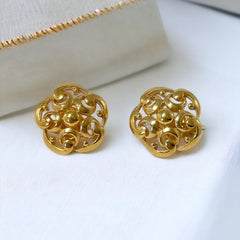 Vintage Crown Trifari Open Work Gold Tone Floral Button Clip-on Earrings