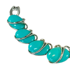 Vintage Aqua Turquoise Plastic Oval &amp; Silver Tone Link Bracelet | Lisner Style Bracelet | 1950s-1960s Thermoset Lucite Modernist Jewelry