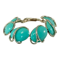 Vintage Aqua Turquoise Plastic Oval &amp; Silver Tone Link Bracelet | Lisner Style Bracelet | 1950s-1960s Thermoset Lucite Modernist Jewelry