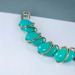 Vintage Aqua Turquoise Plastic Oval &amp; Silver Tone Link Bracelet | Lisner Style Bracelet | 1950s-1960s Thermoset Lucite Modernist Jewelry