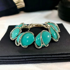 Vintage Aqua Turquoise Plastic Oval &amp; Silver Tone Link Bracelet | Lisner Style Bracelet | 1950s-1960s Thermoset Lucite Modernist Jewelry