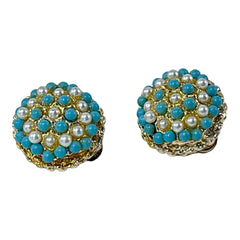 Vintage Turquoise Glass & Faux Pearl Domed Clip-on Earrings