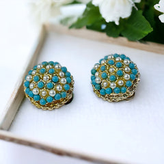 Vintage Turquoise Glass & Faux Pearl Domed Clip-on Earrings