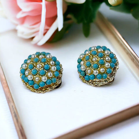 Vintage Turquoise Glass & Faux Pearl Domed Clip-on Earrings