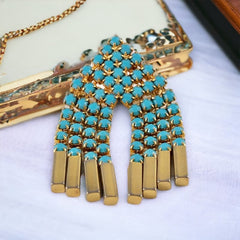 Vintage Turquoise Rhinestones Gold Tone Waterfall Tassel Brooch