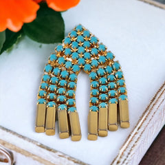 Vintage Turquoise Rhinestones Gold Tone Waterfall Tassel Brooch