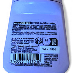 Ushuaïa Organic Roll‑On Deodorant with lavender‑colored cap, featuring acai berry extract; aluminum‑free, 99% natural origin ingredients, certified organic, 48‑hour protection, eco‑friendly packaging with reduced plastic and recyclable bottle.