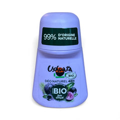 Ushuaïa Organic Roll‑On Deodorant with lavender‑colored cap, featuring acai berry extract; aluminum‑free, 99% natural origin ingredients, certified organic, 48‑hour protection, eco‑friendly packaging with reduced plastic and recyclable bottle.