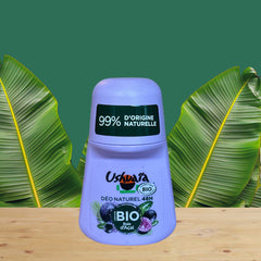 Ushuaïa Organic Roll‑On Deodorant with lavender‑colored cap, featuring acai berry extract; aluminum‑free, 99% natural origin ingredients, certified organic, 48‑hour protection, eco‑friendly packaging with reduced plastic and recyclable bottle.
