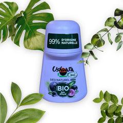 Ushuaïa Organic Roll‑On Deodorant with lavender‑colored cap, featuring acai berry extract; aluminum‑free, 99% natural origin ingredients, certified organic, 48‑hour protection, eco‑friendly packaging with reduced plastic and recyclable bottle.