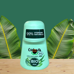 Ushuaïa Organic Aloe Vera Roll‑On Deodorant, French aluminum‑free formula in 50 ml bottle with green cap