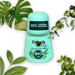 Ushuaïa Organic Aloe Vera Roll‑On Deodorant, French aluminum‑free formula in 50 ml bottle with green cap