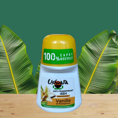 Ushuaia Roll‑on deodorant with yellow cap and white body, featuring sustainably sourced Madagascar vanilla extract; vegan formula with natural ingredients, 48‑hour protection, eco‑friendly packaging with 100% recycled cap and recyclable bottle.