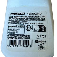 Ushuaia Roll‑on deodorant with yellow cap and white body, featuring sustainably sourced Madagascar vanilla extract; vegan formula with natural ingredients, 48‑hour protection, eco‑friendly packaging with 100% recycled cap and recyclable bottle.