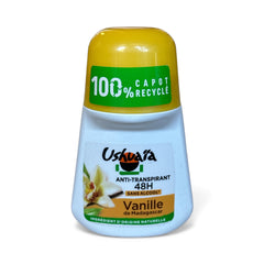 Ushuaia Roll‑on deodorant with yellow cap and white body, featuring sustainably sourced Madagascar vanilla extract; vegan formula with natural ingredients, 48‑hour protection, eco‑friendly packaging with 100% recycled cap and recyclable bottle.