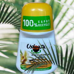 Ushuaia Roll‑on deodorant with yellow cap and white body, featuring sustainably sourced Madagascar vanilla extract; vegan formula with natural ingredients, 48‑hour protection, eco‑friendly packaging with 100% recycled cap and recyclable bottle.