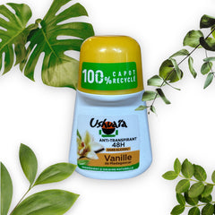 Ushuaia Roll‑on deodorant with yellow cap and white body, featuring sustainably sourced Madagascar vanilla extract; vegan formula with natural ingredients, 48‑hour protection, eco‑friendly packaging with 100% recycled cap and recyclable bottle.